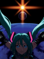 Rule 34 | 1girl, blue eyes, detached sleeves, earth (planet), green hair, hatsune miku, iga tomoteru, long hair, moon, necktie, skirt, solo, space, sun, twintails, vocaloid