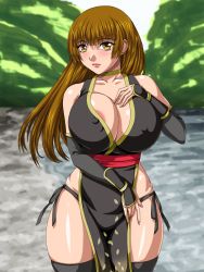 Rule 34 | 1girl, breasts, brown eyes, brown hair, cleavage, covered erect nipples, dead or alive, highres, huge breasts, kasumi (doa), kunoichi, large breasts, long hair, no bra, no panties, revealing clothes, solo, tagme, tecmo, water beryl