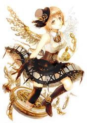Rule 34 | 1girl, acrylic paint (medium), asymmetrical wings, bad id, bad pixiv id, blonde hair, clock, gears, gloves, hat, keiko (mitakarawa), looking at viewer, mechanical wings, mixed media, muted color, original, painting (medium), pocket watch, see-through, short hair, simple background, skirt, sleeveless, solo, steampunk, third-party edit, top hat, traditional media, watch, watercolor (medium), white background, wings, yellow eyes