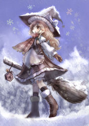 Rule 34 | 1girl, apron, bamboo broom, blonde hair, bloomers, blue sky, boots, bow, braid, broom, brown gloves, cross-laced footwear, day, from below, gloves, hat, hat bow, juliet sleeves, kirisame marisa, long hair, long sleeves, mini-hakkero, open mouth, outdoors, perfect cherry blossom, puffy sleeves, scarf, shirt, single braid, skirt, skirt set, sky, snow, snowflakes, snowing, solo, touhou, tree, uma (ninjin misaki), underwear, upskirt, vest, waist apron, winter, winter clothes, witch hat, yellow eyes