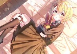 Rule 34 | 1girl, black collar, black socks, blonde hair, buta no liver wa kanetsu shiro, ceres (buta no liver wa kanetsu shiro), chestnut mouth, collar, dress, hair between eyes, hair ornament, holding, holding stuffed toy, indoors, knee strap, kneehighs, long sleeves, looking at viewer, lying, minami (apricot tea), official art, on bed, on side, parted lips, pillow, short hair, socks, solo, stuffed toy, sunlight, x hair ornament, yellow eyes