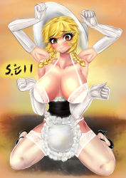 Rule 34 | 1girl, abs, absurdres, apron, arthropod girl, black footwear, blonde hair, braid, breasts, cliffside, cordie (cliffside), elbow gloves, extra arms, gloves, high heels, highres, insect girl, large breasts, lingerie, looking at viewer, medium hair, monster girl, open mouth, solo, spider girl, thighhighs, twin braids, underwear, white gloves, white lingerie