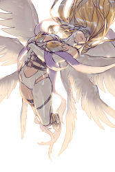 Rule 34 | 1girl, absurdres, angel, angel wings, angewomon, bare shoulders, belt, blonde hair, breasts, closed mouth, clothing cutout, commentary, crossed arms, digimon, digimon (creature), elbow gloves, feathered wings, floating hair, full body, gloves, hand on own chest, head wings, highres, long hair, mask, navel, navel cutout, o-ring, o-ring belt, p!k@ru, purple sash, sash, simple background, single thighhigh, solo, thigh strap, thighhighs, white background, white wings, wings