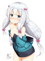 Rule 34 | 1girl, absurdres, aikawa ryou, bare shoulders, blue eyes, bow, commentary request, eromanga sensei, flat chest, hair bow, hair ribbon, highres, holding, holding clothes, holding underwear, izumi sagiri, jacket, long hair, looking at viewer, low-tied long hair, panties, ribbon, silver hair, simple background, smile, solo, underwear, unworn panties, white background