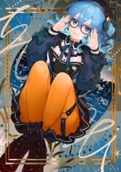 Rule 34 | 1girl, absurdres, beret, bespectacled, bibimbub, black choker, black footwear, black hat, black skirt, blue coat, blue eyes, blue hair, boots, border, bow, branch, choker, cityscape, coat, cross-laced footwear, dutch angle, fingernails, full body, glasses, hair between eyes, hair bow, hands up, hat, highres, hololive, hoshimachi suisei, hoshimachi suisei (streetwear), knees up, lace, lace choker, lace legwear, leaf, legs, long hair, looking at viewer, o-ring, off-shoulder coat, off shoulder, orange pantyhose, pantyhose, side ponytail, sitting, skirt, smile, socks over pantyhose, solo, thighs, virtual youtuber, wavy hair, winter clothes, winter coat