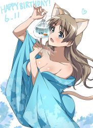 Rule 34 | 1girl, absurdres, animal ears, bare shoulders, blue eyes, blue kimono, breasts, brown hair, cat ears, cat tail, dated, fish, goldfish, happy birthday, highres, japanese clothes, kimono, large breasts, long hair, lynette bishop, naked kimono, no bra, off shoulder, open clothes, open kimono, shiny skin, solo, strike witches, tail, tokiani, world witches series