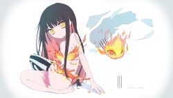 Rule 34 | 1girl, anime coloring, barefoot, black hair, breasts, colored inner hair, creature, expressionless, fire, fire censor, full body, highres, long hair, looking at viewer, multicolored hair, nomura kitan, nude, original, pink hair, single thighhigh, sitting, small breasts, solo, striped clothes, striped thighhighs, thigh strap, thighhighs, two-tone hair, vertical-striped clothes, vertical-striped thighhighs, yellow eyes, yellow nails
