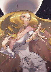 Rule 34 | 1girl, absurdres, akushitsu ningen, blonde hair, blue eyes, caitlin (pokemon), cape, creatures (company), dress, game freak, hat, highres, long hair, long sleeves, looking at viewer, nail polish, nintendo, parted bangs, parted lips, pink cape, pink hat, pokemon, pokemon bw, reaching, reaching towards viewer, see-through cape, sidelocks, simple background, solo, very long hair, wavy hair, white dress