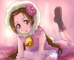 Rule 34 | 1girl, :o, bell, blurry, blurry background, brown hair, brown legwear, chocokin, dated, dokidoki! precure, dress, evening gown, fake horns, fake tail, horns, long hair, lying, madoka aguri, on stomach, open mouth, pillow, pink dress, precure, red eyes, sheep horns, sheep tail, short dress, signature, sketch, sleeveless, sleeveless dress, solo, tail, very long hair