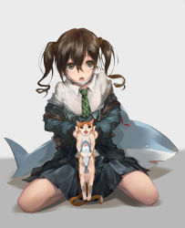 Rule 34 | 1girl, animal, brown eyes, brown hair, cat, collared shirt, green jacket, green necktie, grey background, hair between eyes, highres, holding, holding animal, holding cat, idolmaster, idolmaster cinderella girls, jacket, long hair, long sleeves, looking at viewer, mask, mask pull, mole, mole under eye, mouth mask, necktie, open mouth, pleated skirt, renze l, seiza, shark, sharp teeth, shirt, sitting, skirt, solo, stuffed animal, stuffed toy, sunazuka akira, surgical mask, teeth, thighs, twintails