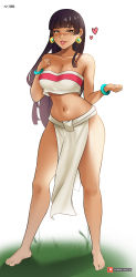 Rule 34 | 1girl, absurdres, artist logo, artist name, bangle, bare legs, bare shoulders, barefoot, blunt bangs, blush, bracelet, brown hair, chel (the road to el dorado), dark-skinned female, dark skin, dreamworks, earrings, female focus, full body, grass, heart, highres, jewelry, loincloth, long hair, looking at viewer, midriff, mystyhw, navel, paid reward available, parted lips, patreon logo, patreon username, pelvic curtain, smile, standing, strapless, the road to el dorado, thighs, toes, tribal, tube top, watermark, web address, white background, yellow eyes