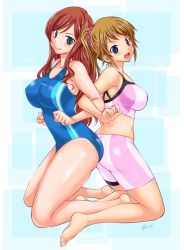 Rule 34 | 10s, 2girls, abe tsukumo, ass, ass-to-ass, back-to-back, barefoot, bike shorts, blue background, blue eyes, breasts, brown hair, character name, competition swimsuit, feet, from side, full body, gundam, gundam build fighters, gundam build fighters try, highres, hoshino fumina, kamiki mirai, large breasts, locked arms, long hair, looking at viewer, multiple girls, one-piece swimsuit, open mouth, ponytail, red hair, scrunchie, smile, sports bra, swimsuit, toes, two-tone sports bra