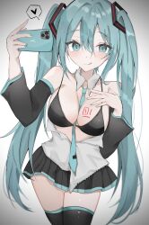 Rule 34 | 1girl, :q, aqua eyes, aqua hair, aqua nails, aqua necktie, bare shoulders, between breasts, bikini, bikini top only, bikini under clothes, black sleeves, blush, breast tattoo, breasts, cleavage, detached collar, detached sleeves, dot nose, female focus, hair between eyes, hatsune miku, heart, highres, holding, holding phone, legs together, licking lips, long hair, looking at viewer, matching hair/eyes, medium breasts, necktie, necktie between breasts, phone, simple background, smile, solo, spoken heart, swimsuit, tattoo, thigh gap, thighhighs, tongue, tongue out, tsurime, twintails, very long hair, vocaloid, waimoniku, white background