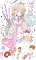 Rule 34 | 1girl, absurdres, animal, bad id, bad pixiv id, blue eyes, blue ribbon, blush, bow, brown hair, cherry hair ornament, chocolate, closed mouth, collared shirt, colored pencil, commentary, doughnut, food, food-themed hair ornament, frilled pillow, frills, fruit, full body, green footwear, hair ornament, hair ribbon, heart, highres, jacket, long hair, long sleeves, off shoulder, open clothes, open jacket, original, pencil, pillow, pink jacket, pocky, pudding, purple bow, rabbit, ribbon, shirt, shoes, short shorts, shorts, sitting, sleeves past fingers, sleeves past wrists, solo, star (symbol), star hair ornament, starry background, strawberry, symbol-only commentary, thighhighs, tsukiyo (skymint), very long hair, white shirt, white shorts, white thighhighs