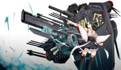 Rule 34 | 10s, 1girl, bare shoulders, beam gun, big.g, blue eyes, boots, detached sleeves, glasses, green eyes, hairband, japanese clothes, kantai collection, kirishima (kancolle), long hair, long sleeves, nontraditional miko, outstretched arm, personification, pleated skirt, pointing, ribbon-trimmed sleeves, ribbon trim, short hair, skirt, solo, thigh boots, thighhighs, wide sleeves
