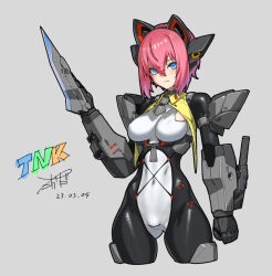Rule 34 | 1girl, blue eyes, bodysuit, breasts, covered erect nipples, cropped legs, dated, gluteal fold, grey background, hair between eyes, impossible bodysuit, impossible clothes, looking at viewer, medium breasts, original, pink hair, short hair, signature, simple background, solo, takada kazuhiro, weapon