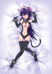 Rule 34 | 1girl, absurdres, animal ears, bed sheet, black gloves, black hair, black thighhighs, blue hair, blush, bow, breasts, cat ears, cat tail, cleavage, elbow gloves, embarrassed, full body, fur trim, gloves, hair bow, highres, insight, large breasts, leotard, long hair, lying, navel, noihara himari, omamori himari, on back, open mouth, ponytail, purple eyes, solo, tail, thighhighs, very long hair