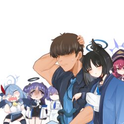 Rule 34 | 1boy, 5girls, ako (blue archive), animal ears, aoi (blue archive), black eyes, black hair, black hairband, black headwear, blue archive, blue hair, blue halo, blush, cat ears, closed mouth, face of the people who sank all their money into the fx (meme), grey eyes, hairband, halo, hat, highres, iroha (blue archive), kikyou (blue archive), long hair, mechanical halo, meme, multiple girls, open mouth, parted lips, peaked cap, purple eyes, purple hair, red hair, sensei (blue archive), shaded face, sharp teeth, shiming liangjing, short hair, simple background, teeth, two side up, white background, yuuka (blue archive)