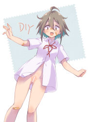 Rule 34 | 1girl, ahoge, bandaid, bandaid on face, bandaid on leg, bandaid on nose, blush, bottomless, breasts, brown eyes, brown hair, do it yourself!!, fang, highres, makita yoshiharu, navel, no panties, open mouth, pussy, shirt, short hair, simple background, small breasts, smile, solo, white shirt, yua serufu