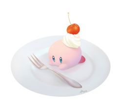 Rule 34 | ayu (mog), blue eyes, cherry, cream, food, fork, fruit, kirby, kirby (series), lying, nintendo, no humans, on stomach, plate, signature, simple background, white background