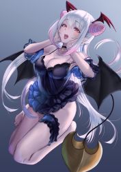 Rule 34 | 1girl, :d, bare shoulders, blush, breasts, bridal garter, choker, cleavage, cone hair bun, demon girl, demon horns, demon tail, detached sleeves, dress, fangs, hair bun, half-closed eyes, hands on own cheeks, hands on own face, head wings, highres, honey strap, horns, large breasts, long hair, looking at viewer, multicolored hair, nanashi inc., open mouth, pink hair, pointy ears, red eyes, sankyo (821-scoville), silver hair, sleeveless, sleeveless dress, smile, solo, suou patra, tail, thighs, virtual youtuber, wings