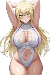 Rule 34 | 1girl, absurdres, adapted costume, aiz wallenstein, armpits, arms behind head, arms up, blonde hair, blush, breasts, breasts apart, closed mouth, commentary, cowboy shot, dungeon ni deai wo motomeru no wa machigatteiru darou ka, groin, hair between eyes, highleg, highleg leotard, highres, huge breasts, jasony, leotard, light frown, long hair, looking at viewer, navel, paid reward available, simple background, solo, thighs, torn clothes, torn leotard, white background, white leotard, yellow eyes