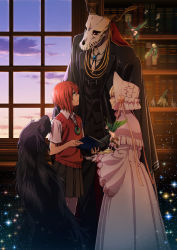 Rule 34 | 1boy, 2girls, absurdres, black jacket, black pants, black skirt, blonde hair, book, dog, dress, elias ainsworth, eye contact, fairy, hair between eyes, hatori chise, highres, indoors, jacket, jade ariel (mahou tsukai no yome), jewelry, lolita fashion, long dress, looking at another, looking down, looking up, mahou tsukai no yome, miniskirt, multiple girls, pants, pink dress, pleated skirt, red hair, red sweater, ring, shirt, short hair, short sleeves, silky (mahou tsukai no yome), skirt, skull, sparkle, standing, sweater, sweater vest, white shirt, window
