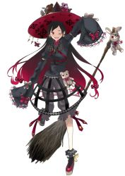 Rule 34 | 1girl, absurdres, arm up, black hair, black hat, black socks, bow, broom, bug, butterfly, butterfly earrings, button eyes, buttons, earrings, eyepatch, gradient hair, hair bow, hat, highres, insect, jewelry, kayanogura, long sleeves, looking at viewer, multicolored hair, one eye closed, open mouth, original, pink footwear, polka dot, polka dot bow, red bow, red eyes, red hair, socks, solo, standing, standing on one leg, stuffed animal, stuffed toy, teddy bear, witch