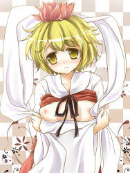Rule 34 | 1girl, ayase miko, blonde hair, blush, breast hold, breasts, clothes lift, crossed arms, female focus, hair ornament, nipples, shawl, shirt lift, short hair, solo, toramaru shou, toranoana, touhou, upper body, yellow eyes