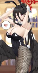 Rule 34 | absurdres, alternate costume, animal ears, armpits, arms up, black bow, black bowtie, black hair, black leotard, black wings, blue archive, blurry, blurry background, bow, bowtie, breasts, cleavage, covered navel, detached collar, extra, fake animal ears, feathered wings, fishnet pantyhose, fishnets, gloves, haerge, hair between eyes, halo, hasumi (blue archive), highres, large breasts, leotard, long hair, looking at viewer, mole, mole under eye, pantyhose, playboy bunny, ponytail, rabbit ears, rabbit tail, red eyes, sideboob, solo focus, spoken blush, strapless, strapless leotard, tail, very long hair, white gloves, wings, wrist cuffs