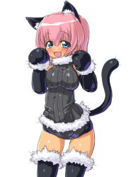 Rule 34 | 10s, 1girl, :d, animal ears, animal hands, artille, bad id, bad pixiv id, black gloves, black thighhighs, blue eyes, blush, breasts, busou shinki, cat ears, cat tail, cowboy shot, dd (ijigendd), doll joints, elbow gloves, fur trim, gloves, hair between eyes, happy, impossible clothes, impossible shirt, joints, large breasts, looking at viewer, no nose, open mouth, paw gloves, paw pose, pink hair, shiny skin, shirt, short hair, short shorts, shorts, simple background, skindentation, sleeveless, smile, solo, standing, sweater, tail, thigh gap, thighhighs, thighs, white background