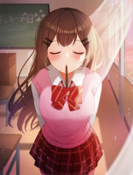 Rule 34 | 1girl, absurdres, arms behind back, bad id, bad pixiv id, blurry, blurry background, blush, bow, bowtie, breasts, brown hair, chalkboard, classroom, closed eyes, closed mouth, commentary request, cowboy shot, curtains, depth of field, desk, diagonal-striped bow, diagonal-striped bowtie, diagonal-striped clothes, diagonal-striped neckwear, facing viewer, food, gya (144), hair ornament, hairclip, heart, highres, indoors, leaning forward, long hair, looking at viewer, medium breasts, mouth hold, original, pink sweater vest, plaid, plaid skirt, pleated skirt, pocky, pocky day, red skirt, school desk, shirt, skirt, solo, striped bow, striped bowtie, striped clothes, striped neckwear, sweater vest, white shirt
