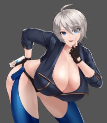 Rule 34 | 1girl, absurdres, ahoge, alternate breast size, angel (kof), bent over, black gloves, blue eyes, boots, bra, breasts, cellphone, chaps, cropped jacket, fingerless gloves, gloves, grey background, hair over one eye, highres, holding, holding phone, huge breasts, jacket, leather, leather jacket, looking at viewer, navel, phone, pockyland, redrawn, revision, smartphone, smile, snk, solo, strapless, strapless bra, the king of fighters, the king of fighters 2001, the king of fighters all-stars, the king of fighters xiv, toned, underwear, white hair