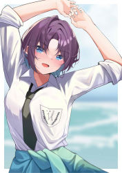 Rule 34 | 1girl, absurdres, ahoge, arms up, asakura toru, black necktie, blue hair, blurry, blurry background, blush, breasts, cardigan, cardigan around waist, clothes around waist, highres, idolmaster, idolmaster shiny colors, kebohan, looking at viewer, loose necktie, medium breasts, necktie, own hands together, parted bangs, purple hair, school uniform, shirt, sleeves rolled up, smile, solo, sweatdrop, upper body, white shirt