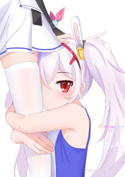 Rule 34 | 2girls, animal ears, armpit crease, artist name, azur lane, bare shoulders, breasts, chinese commentary, closed mouth, commentary request, crossed bangs, dated, fake animal ears, hair between eyes, hairband, hand on another&#039;s head, highres, hugging another&#039;s leg, javelin (azur lane), laffey (azur lane), light purple hair, long hair, looking at viewer, multiple girls, pleated skirt, rabbit ears, red eyes, sideboob, simple background, skirt, small breasts, tank top, thighhighs, twintails, white background, white skirt, white thighhighs, xiao shi lullaby