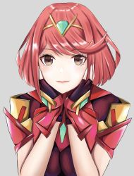 Rule 34 | 1girl, smile, armor, breasts, chest jewel, cleavage, gloves, highres, langspower, looking at viewer, pyra (xenoblade), red eyes, red gloves, red hair, shoulder armor, simple background, solo, tiara, xenoblade chronicles (series), xenoblade chronicles 2
