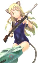 Rule 34 | 00s, 1girl, animal ears, blonde hair, glasses, gun, long hair, one-piece swimsuit, perrine h. clostermann, sabamu, school swimsuit, shiny clothes, skindentation, solo, strike witches, swimsuit, tail, weapon, world witches series, yellow eyes