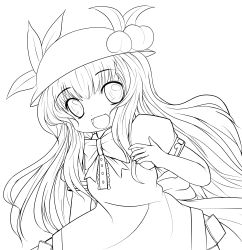 Rule 34 | 1girl, absurdres, female focus, greyscale, highres, hinanawi tenshi, lineart, long hair, looking at viewer, monochrome, open mouth, smile, solo, touhou, transparent background, yume shokunin