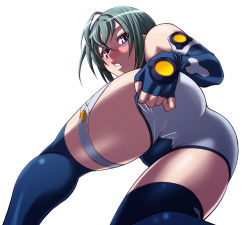 Rule 34 | 00s, 1girl, adjusting clothes, ahoge, ass, blush, bodysuit, boots, chiba toshirou, elbow gloves, fingerless gloves, from below, gloves, green hair, kannagi itsuki, looking back, looking down, purple eyes, short hair, simple background, solo, sora wo kakeru shoujo, thigh boots, thighhighs, trefoil