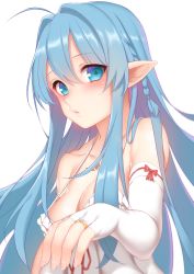 Rule 34 | 1girl, absurdres, ahoge, blue eyes, blue hair, blush, braid, breasts, bridal gauntlets, bride, chest tattoo, cleavage, collarbone, dress, elbow gloves, elf, fingernails, gloves, highres, jewelry, large breasts, long fingernails, long hair, looking at viewer, no bra, offering hand, original, ornate ring, parted lips, pointy ears, ring, single braid, solo, star-shaped pupils, star (symbol), symbol-shaped pupils, tattoo, wedding dress, wedding ring, white background, white dress, white gloves, zhaofeng yinyue