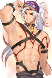 Rule 34 | 1boy, abs, arataki itto, armpit hair, armpits, bara, bicep strap, body markings, closed mouth, collar, fang, genshin impact, hat, highres, horns, horns through headwear, jewelry, long hair, male focus, mature male, muscular, muscular male, nipples, oni, oni horns, pectorals, red eyes, simple background, solo, spiked collar, spikes, tattoo, white hair, zhineart