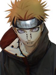 Rule 34 | 1boy, bad id, bad twitter id, blonde hair, commentary request, earrings, forehead protector, highres, hypnosis, jewelry, looking at viewer, mind control, naruto (series), necklace, pain (naruto), piercing, simple background, solo, straight-on, tagme, urasanmyaku, white background