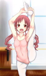 Rule 34 | 1girl, armpits, arms up, athletic leotard, ballerina, ballet, covered navel, feet, gochuumon wa usagi desu ka?, hands on own feet, highres, leg up, legs, leotard, long hair, natsu megumi, open mouth, pantyhose, pink leotard, red eyes, red hair, scrunchie, smile, solo, split, standing, standing on one leg, standing split, susa, toes, twintails, white pantyhose