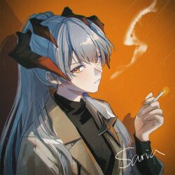 Rule 34 | 1girl, achyue, arknights, between fingers, black shirt, brown jacket, character request, cigarette, commentary request, grey hair, hair between eyes, hand up, highres, holding, holding cigarette, horns, jacket, long hair, long sleeves, looking at viewer, orange background, orange eyes, parted lips, ponytail, saria (arknights), shirt, smoke, solo, upper body, very long hair