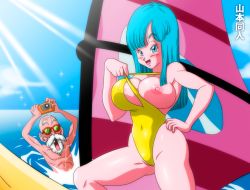 Rule 34 | 1boy, 1girl, :d, arms up, artist name, bald, beach, beard, blue eyes, blue hair, blue sky, blunt bangs, blush, breasts, cameltoe, camera, covered navel, curvy, day, dragon ball, dragonball z, facial hair, facing viewer, flashing, hand on own hip, highres, holding, holding camera, large breasts, light rays, long hair, looking at viewer, maron (dragon ball), matching hair/eyes, missing tooth, mustache, muten roushi, nipple slip, nipples, non-web source, ocean, old, old man, one-piece swimsuit, open mouth, outdoors, partially submerged, photographic proof, sky, smile, sunbeam, sunglasses, sunlight, swimsuit, white facial hair, windsurfing, yamamoto doujin, yellow one-piece swimsuit