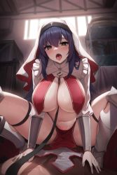 Rule 34 | 1girl, absurdres, armor, between breasts, blue hair, blush, breast curtains, breasts, catholic, cleavage, collared dress, cross, curvy, dress, frills, g home, green eyes, habit, headdress, highres, huge breasts, korean commentary, large breasts, long hair, long sleeves, looking at viewer, navel, no bra, nun, habit, open clothes, open mouth, original, pubic tattoo, ribbon, saliva, solo, straddling, tattoo, thigh strap, tongue, tongue out, white dress