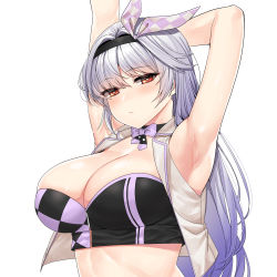 Rule 34 | 1girl, armpits, black shirt, blouse, blush, breasts, closers, hair between eyes, hairband, highres, large breasts, long hair, looking at viewer, midriff, mirae (closers), red eyes, shirt, silver hair, simple background, skulllee, sleeveless, sleeveless shirt, solo, white background