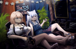 Rule 34 | absurdres, animal ears, artistic error, bare shoulders, blonde hair, blue eyes, blue hair, cat ears, chair, chat log, gaming chair, gawr gura, gawr gura (casual), hair ornament, highres, hololive, hololive english, long hair, microphone, multicolored hair, multiple girls, neon lights, open mouth, pantyhose, shirt, sign, silver hair, skirt, slippers, streaked hair, swivel chair, virtual youtuber, vyragami, watson amelia, watson amelia (street casual), white shirt, wrong foot