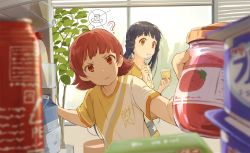 Rule 34 | 2girls, :3, ?, black hair, blue hair, blunt bangs, blurry, blurry foreground, brown eyes, eating, food, foreshortening, highres, idolmaster, idolmaster million live!, in container, indoors, jam, kitakami reika, long hair, low twintails, marimo (momiage), medium hair, multiple girls, plant, potted plant, pudding, red eyes, red hair, refrigerator, refrigerator interior, strawberry jam, thought bubble, twintails, utensil in mouth