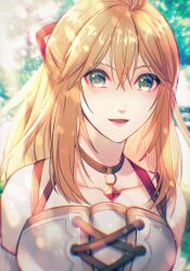 Rule 34 | 1girl, blonde hair, choker, collarbone, fiora (xenoblade), green eyes, highres, long hair, looking at viewer, oas, open mouth, smile, solo, xenoblade chronicles (series), xenoblade chronicles 1